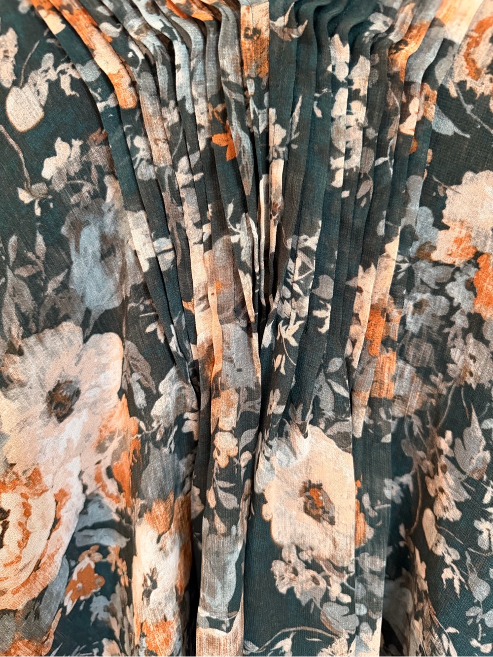 Calvin Klein Chiffon Floral Pleated V-Neck Blouse Green Orange - Size [XL]. EUC - Picture 4 of 11